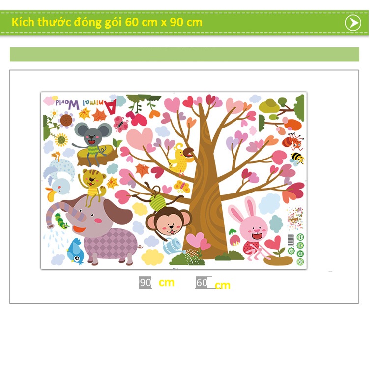 Decal dán tường vườn thú cây hạnh phúc trái tim đáng yêu trang trí phòng trẻ em