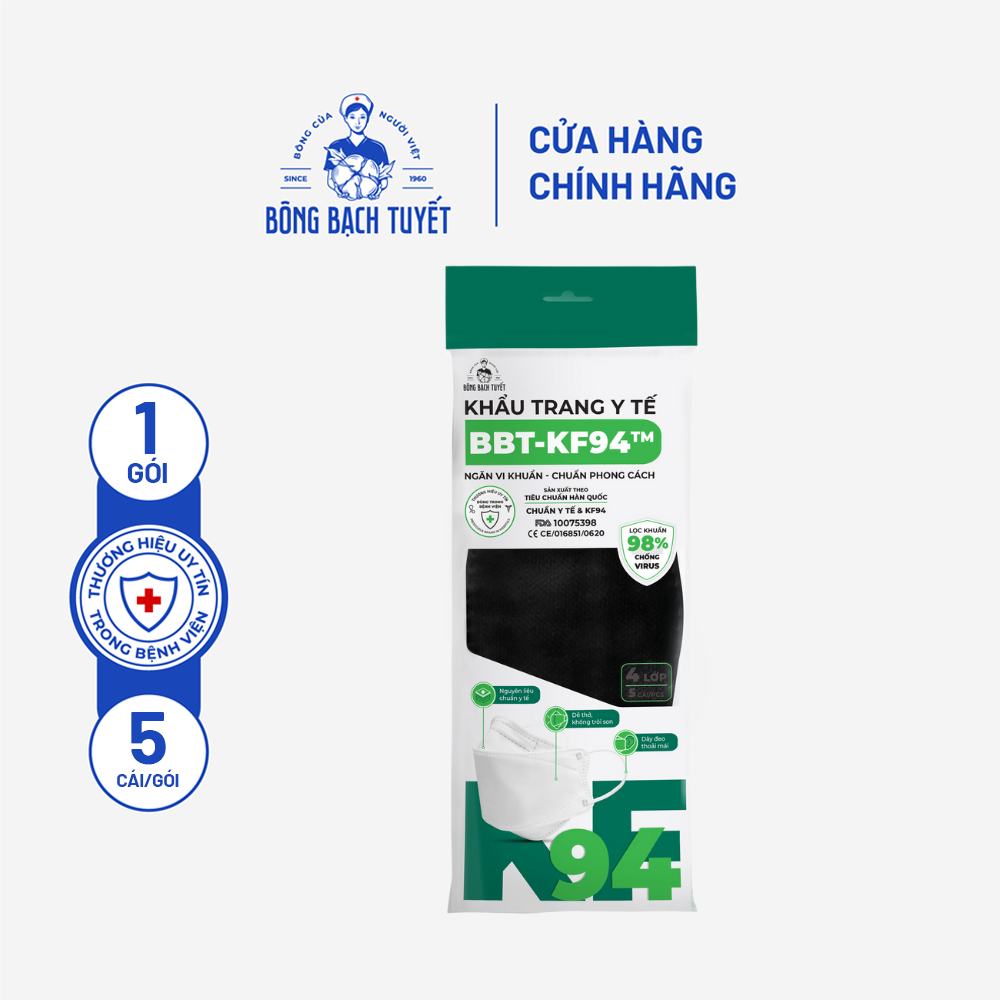 Khẩu trang Bông Bạch Tuyết KF94 4 lớp - Đen