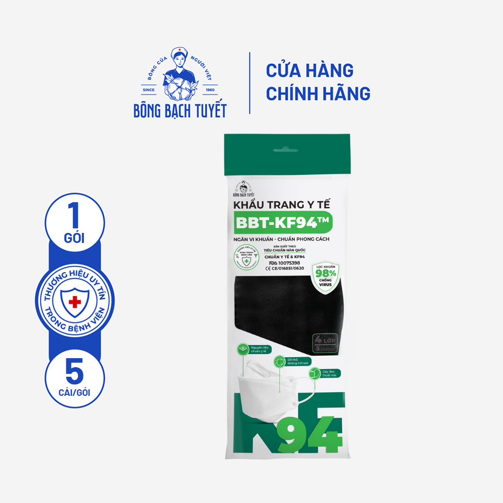 Khẩu trang Bông Bạch Tuyết KF94 4 lớp - Đen (5 cái/gói)