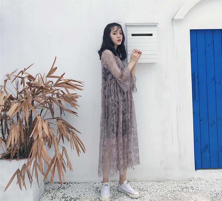Đầm ren tay chuông hoa văn Mã: DA5109 - NÂU