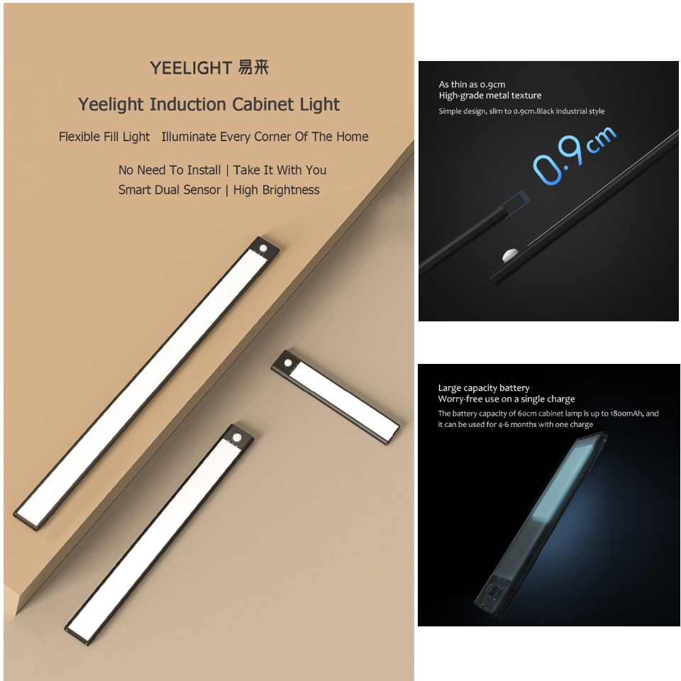 Đèn led thanh cảm biến tích điện Xiaomi Yeelight, 20-40-60cm, pin sạc type C, có 3 mưc sáng, bản quốc tế