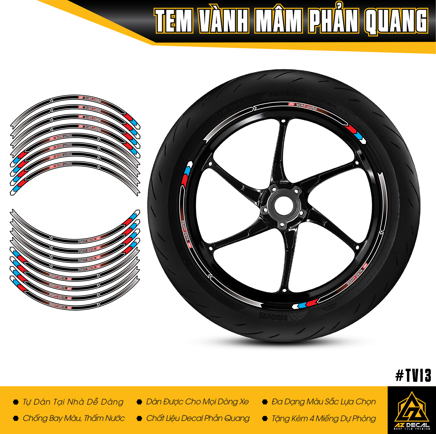 Tem Vành Mẫu ECKO UNITD Phản Quang | TV13 | Decal Full 2 Bánh Chống Nước, Dành Cho Mọi Dòng Xe - Phản Quang