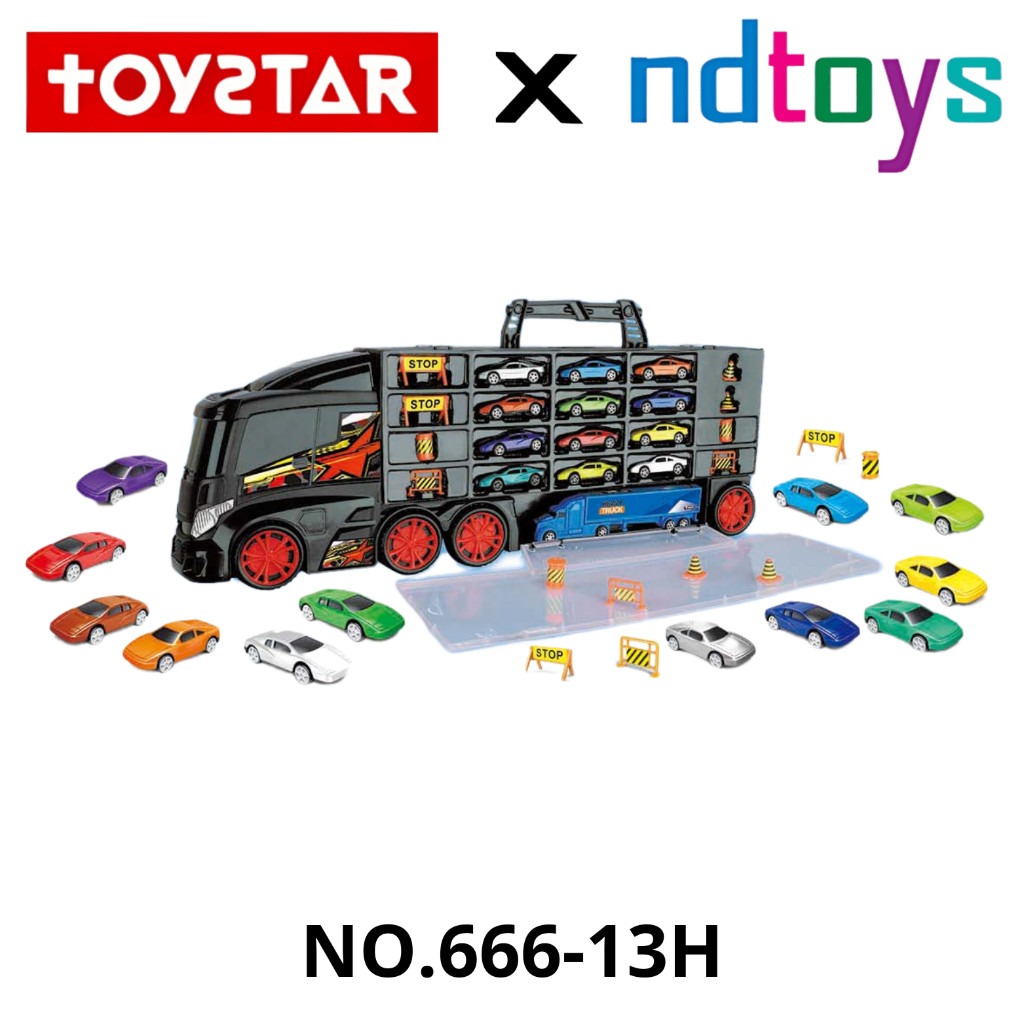 TOYSTAR - 666-13H Mô hình Bộ xe tải vận chuyển (gồm 12 xe ô tô và 8 biển báo giao thông)