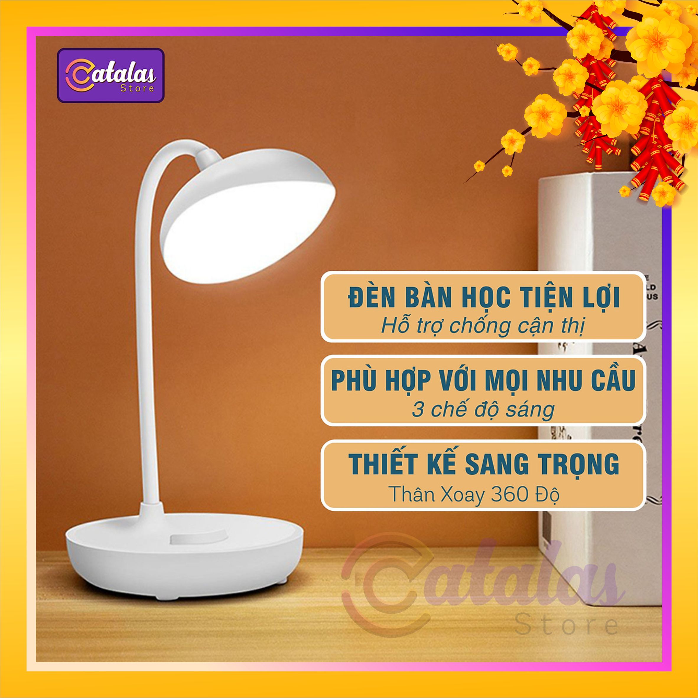 Đèn Bàn Học Hình Hoa NH15, Kết hợp giá đỡ điện thoại, 3 Chế Độ Sáng, Pin sạc USB Tiện Lợi