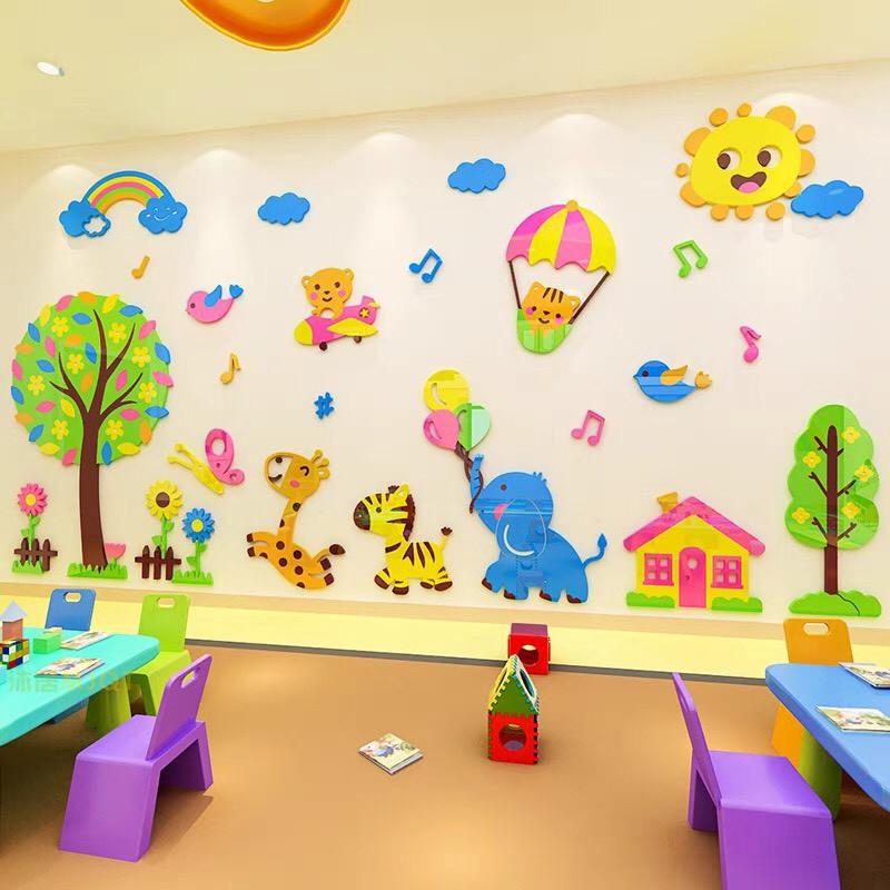 Decal dán tường mica 3D cây sắc màu và thế giới động vật, tranh các con vật dễ thương trang trí phòng bé yêu