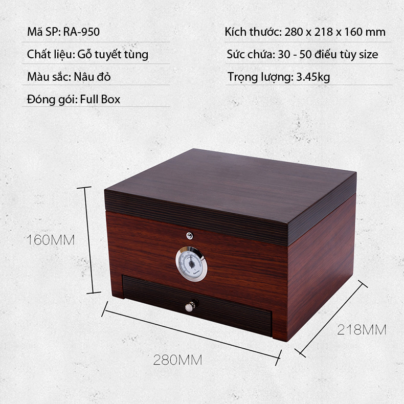 Tủ Giữ Ẩm Hộp Đựng Bảo Quản 50 Điếu Cigar COB-950 Gỗ Tuyết Tùng Cao Cấp Kèm Bộ Phụ Kiện Bật Lửa Dao Cắt và Gạt Tiện Lợi