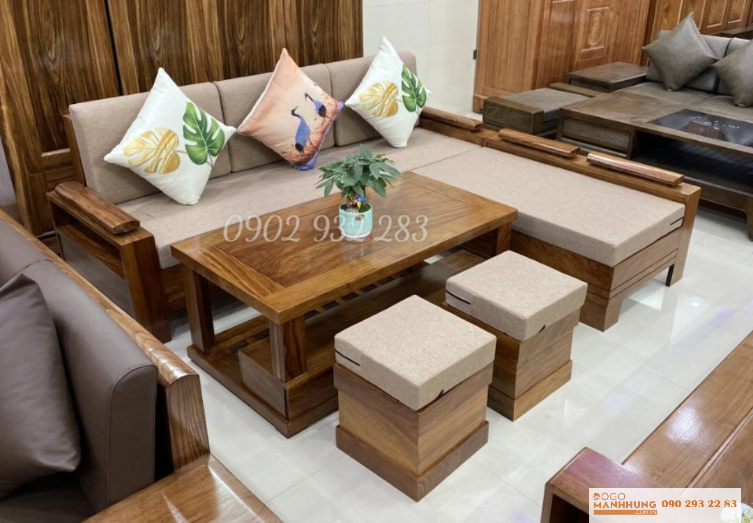 Bộ bàn ghế phòng khách salon gỗ hương 5 món có nệm 2m x 1m80