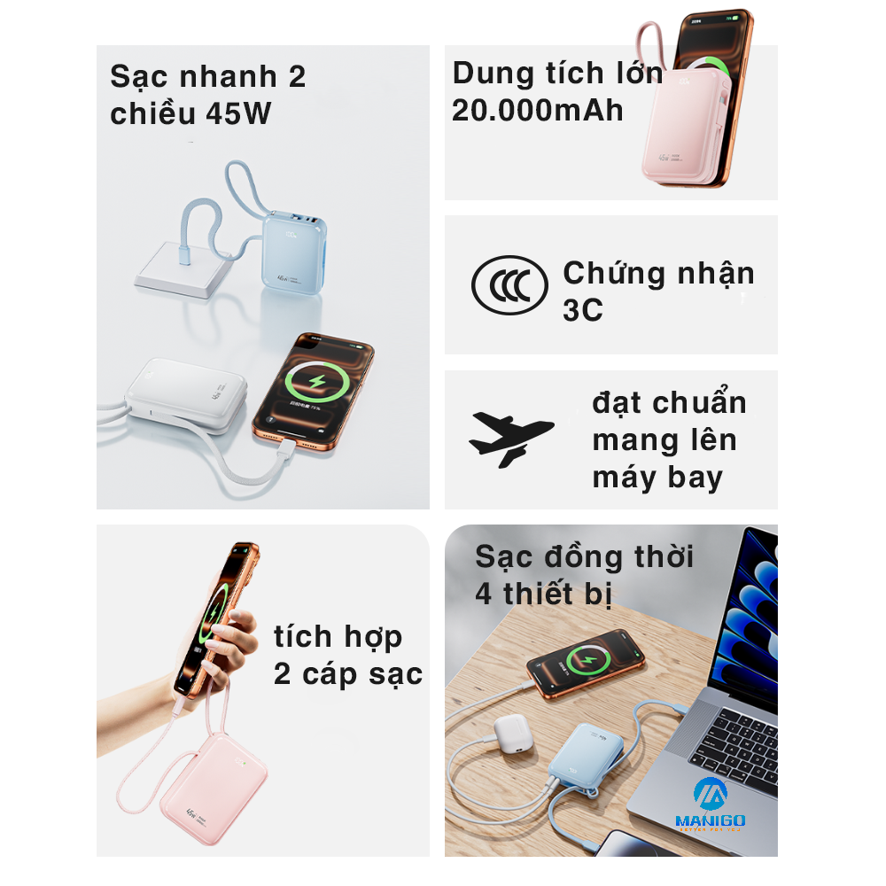 Pin sạc dự phòng ROCKSPACE C03 sạc nhanh 45W kèm dây sạc, dung lượng 20000mAh - hàng chính hãng có bảo hành