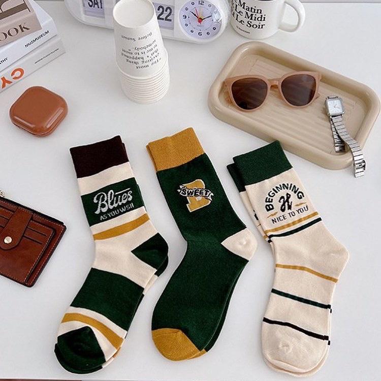 Tất Cao Cổ Nam Vớ Cao Cổ Nữ Tất Bóng Chày Xanh Đỏ Noel Vintage Phong Cách Ulzzang Hàn Quốc Cotton Mềm Mịn Camcamvintage