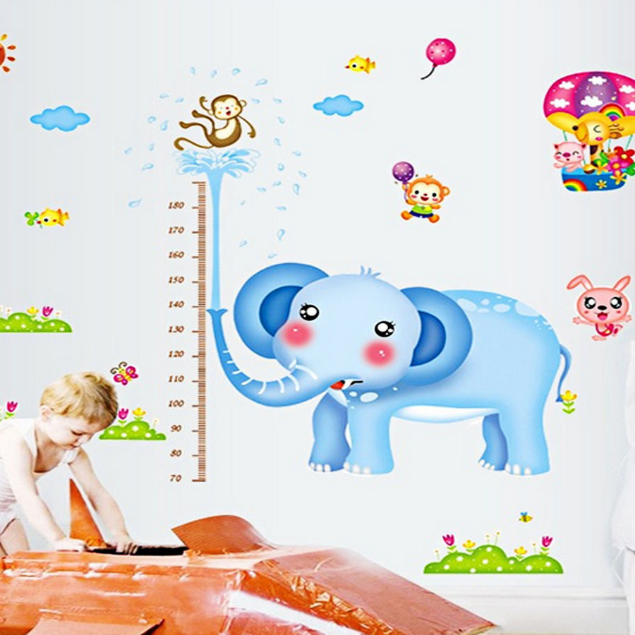 Decal dán tường thước đo chiều cao chi bé thước voi xanh 2 mảnh ay232