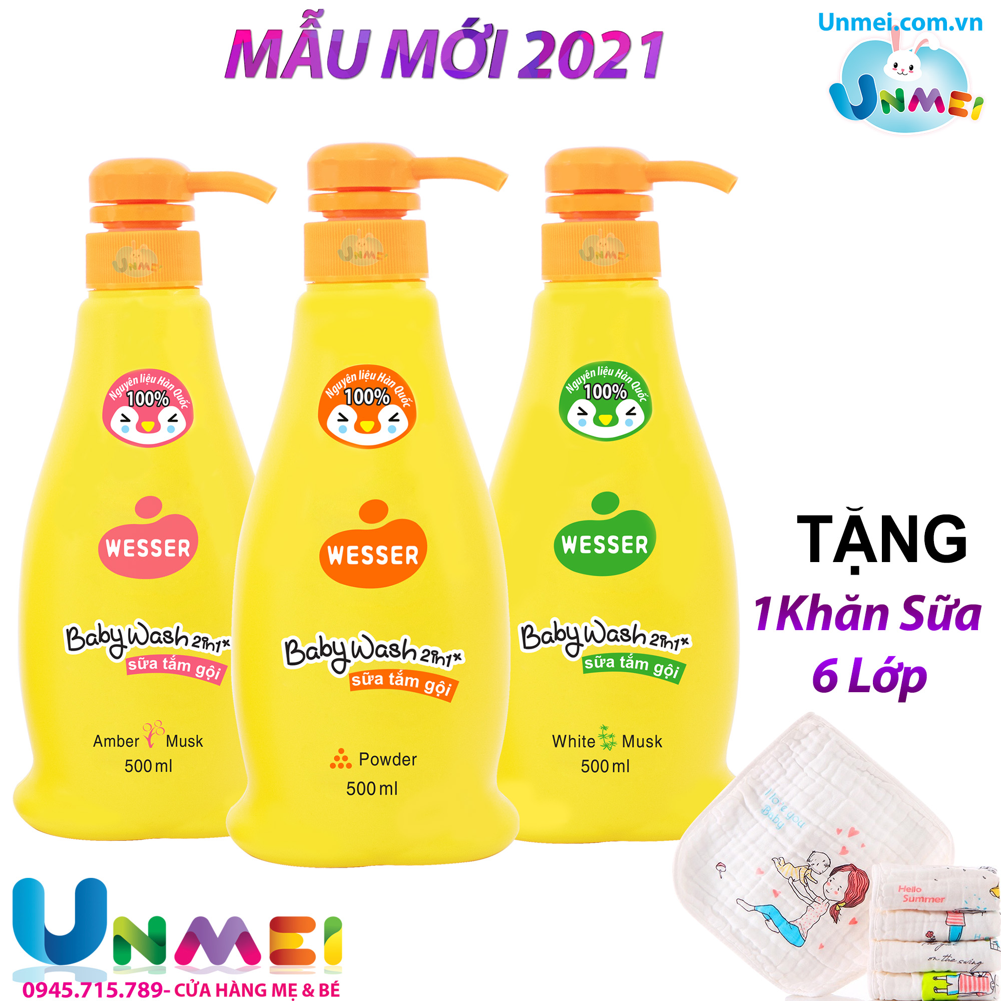 [2 Chai] Sữa Tắm Gội Wesser 2in1 Hàn Quốc, Sữa tắm cho bé không cay mắt (2 chai x 500ml) tặng 1 khăn Sữa Unmei Sợi Tre 6 Lớp