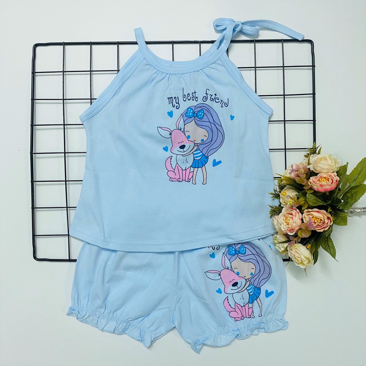 Combo 3 bộ đồ bộ bé gái cotton mùa hè mẫu áo dây, quần nhún màu nhạt siêu xinh J-TomTomBaby