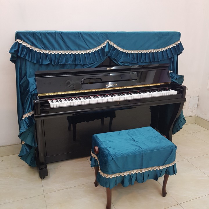 Bộ khăn phủ đàn Piano vải nhung xanh dày mịn phối bèo viền ren cao cấp