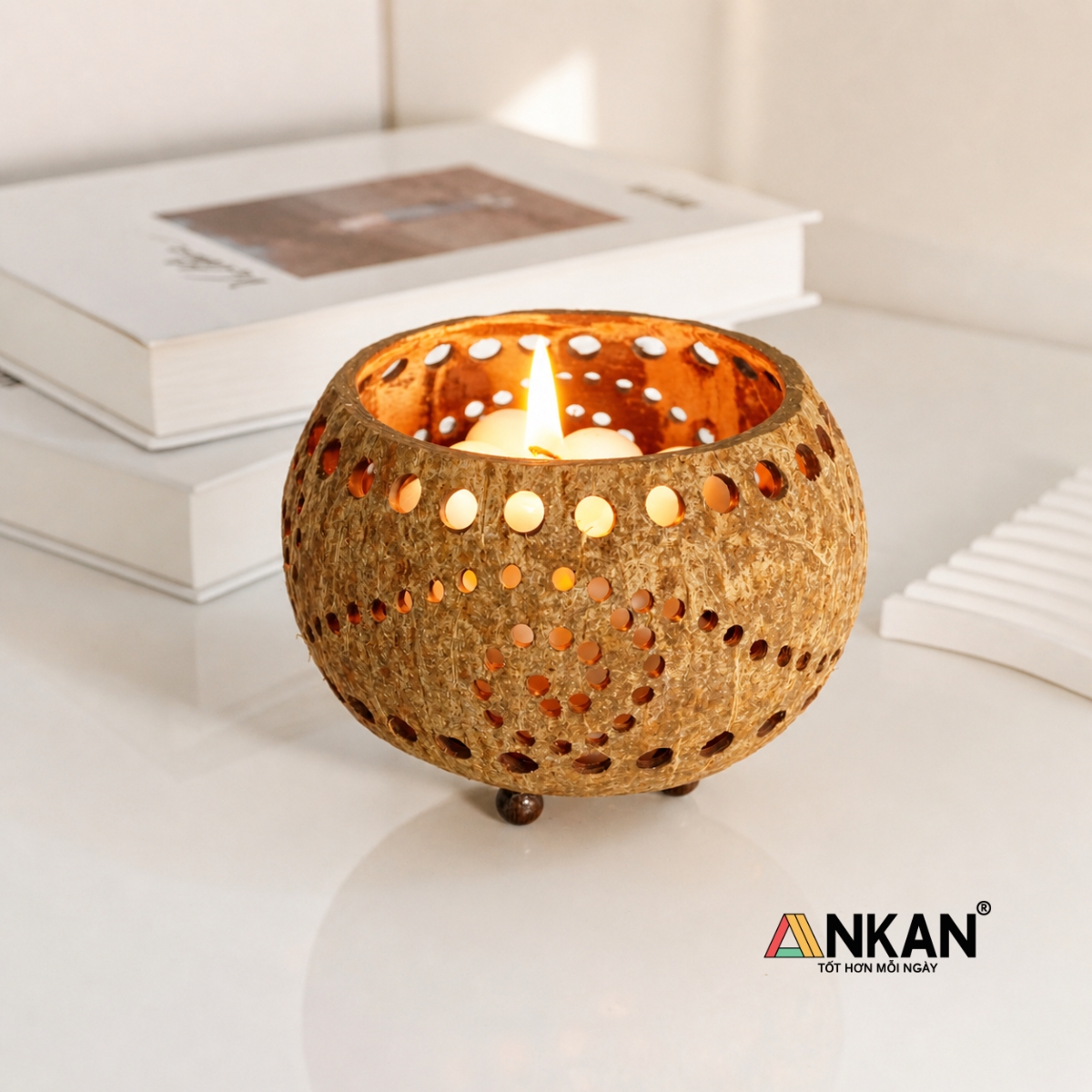 Đèn Nến Gáo Dừa ANKAN Họa Tiết Xoắn Ốc Tealight Decor Handmade Vintage – Trang Trí Spa, Cafe, Thư Giãn