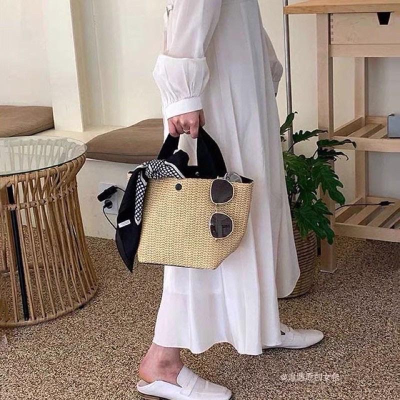 Túi xách cói du lịch style Vintage Hàn Quốc - Túi cói đi biển quai vải - Giỏ xách đi biển đi cafe chụp ảnh ngoài trời