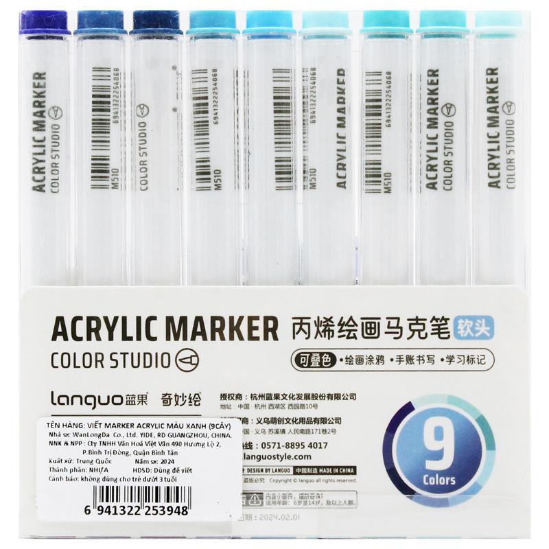 Hộp 9 Bút Màu Xanh Biển Acrylic Marker Blue Series - Languo M510-1