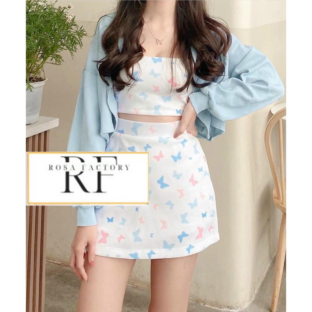 Set 3 món croptop kèm áo khoác, Set áo ống dây mix chân váy ngắn kèm áo cardigan bướm DK-0046 màu xanh