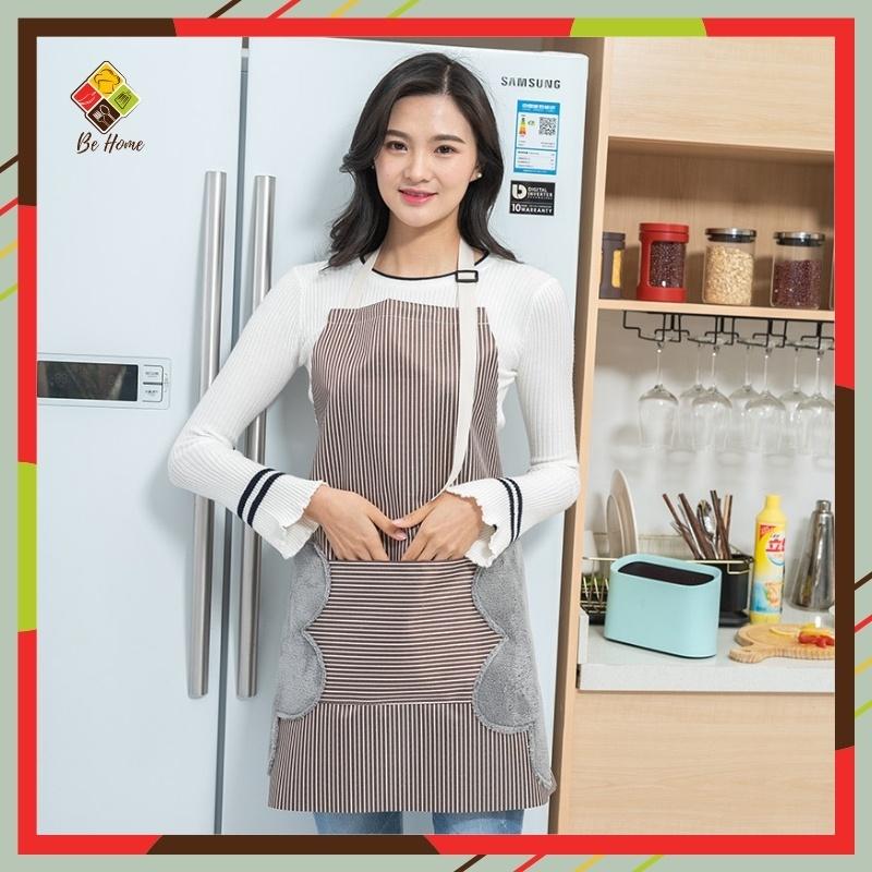 Tạp Dề Phong Cách Hàn Quốc Chống Thấm Nước Kẻ Sọc Có Khăn Lau Tay Bên Hông