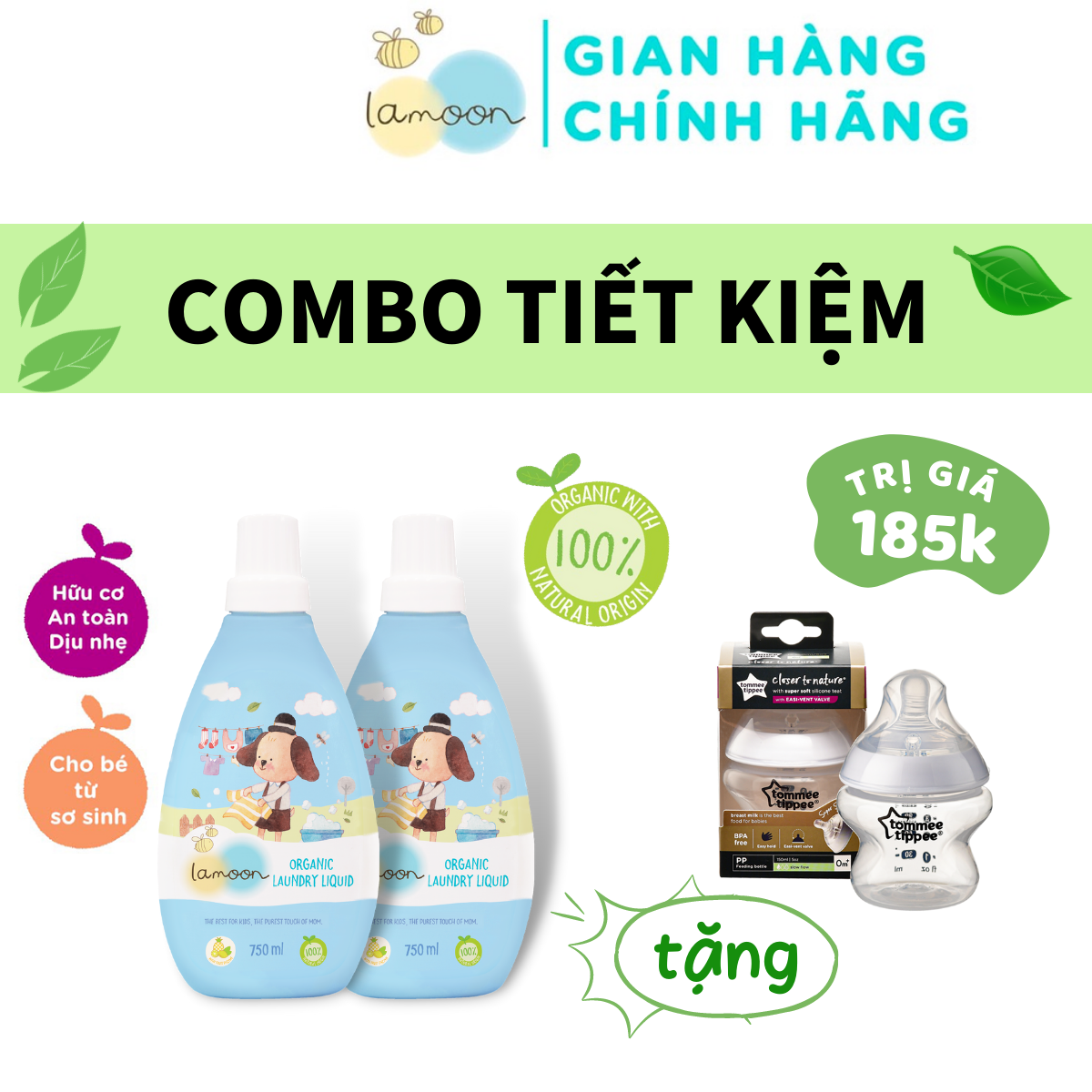 COMBO 2 Bình Nước giặt đồ sơ sinh Organic Lamoon 750ml TẶNG 1 Bình Sữa PP Ty Siêu Mềm Tự Nhiên 150ml