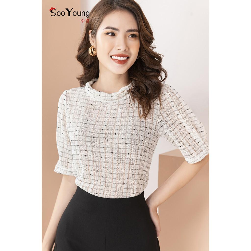 Áo len dệt mỏng tay lỡ xếp cổ giếng- Trắng-Sooyoung