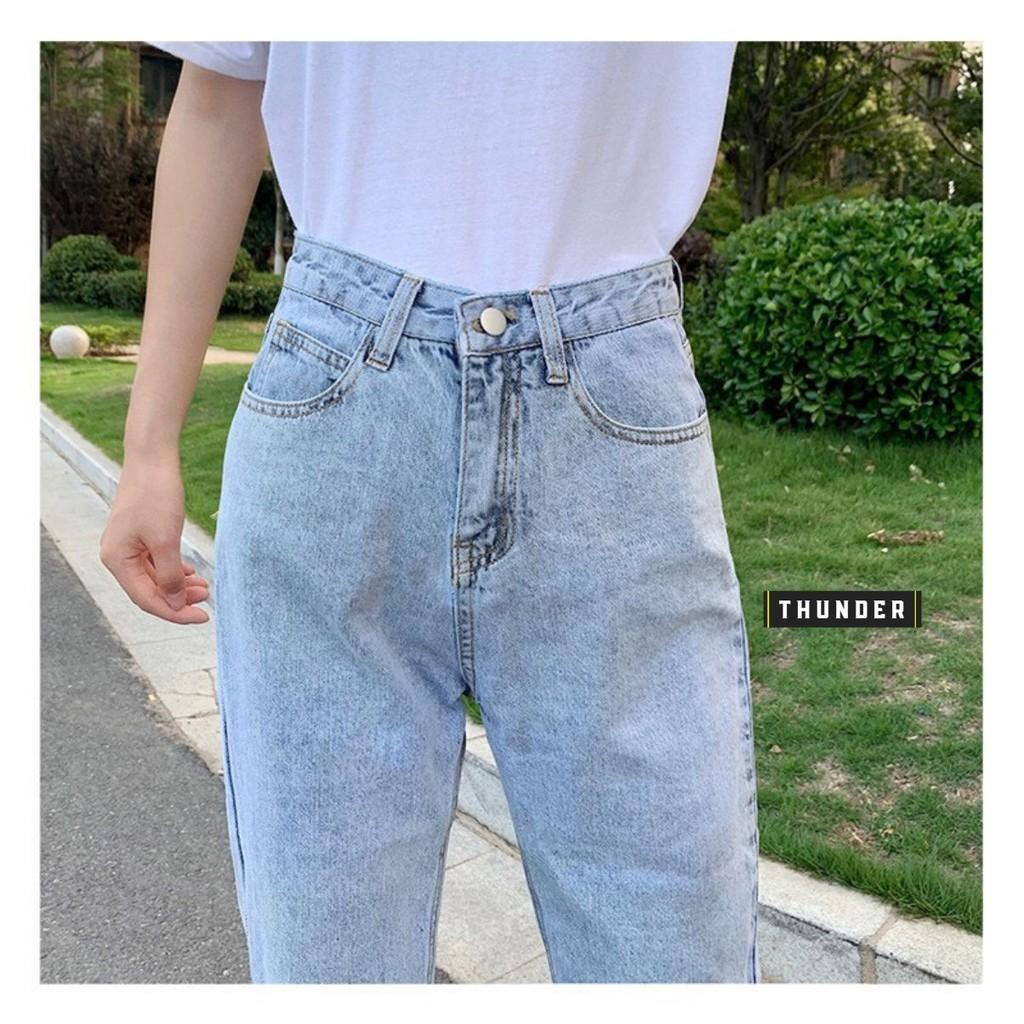 Quần Jean Nữ Dáng Baggy Thunder Unisex Cạp Lưng Cao Trơn, Ống Xuông, Rộng, Ulzzang Hàn Quốc, Co giãn