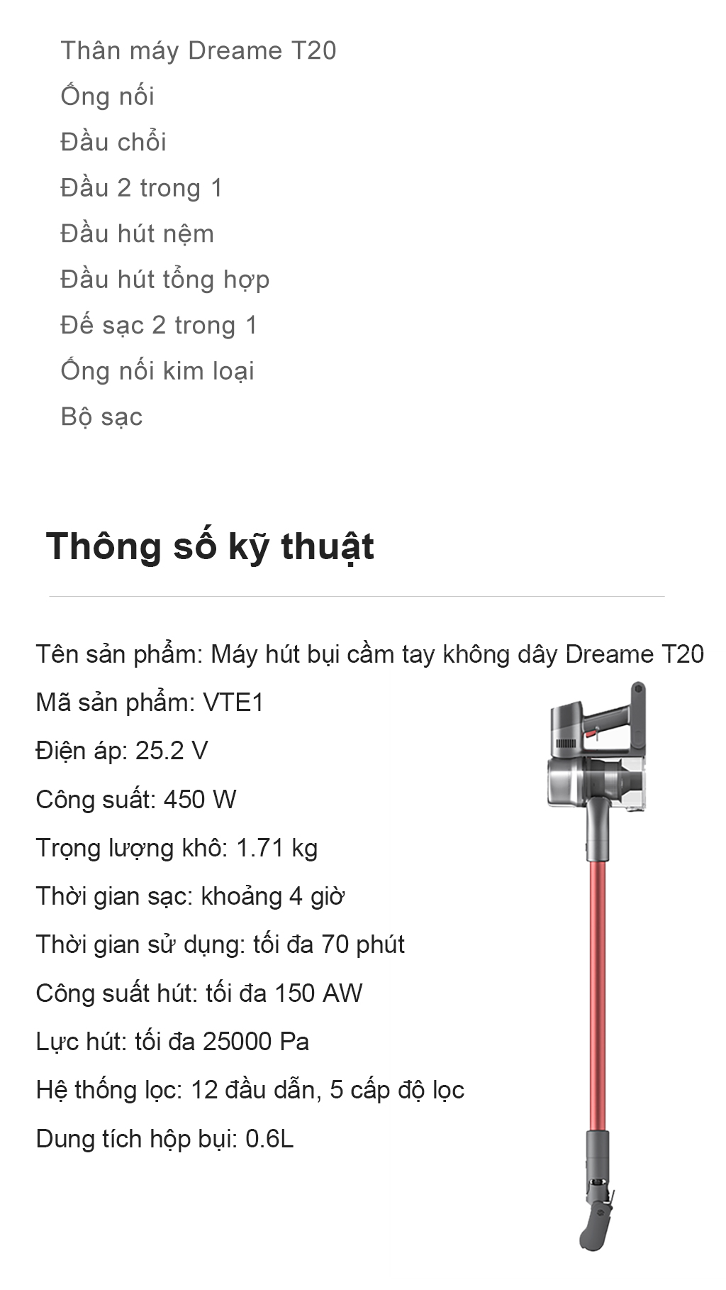 Máy hút bụi cầm tay không dây thông minh Dreame T20 - Lực Hút 25.000 Pa - Phiên Bản Quốc Tế - Hàng chính hãng