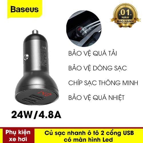 Tẩu Sạc Điện Thoại Mini Trên Xe Hơi 2 Cổng USB 24W / 4.8A Hỗ Trợ Sạc Nhanh - Hàng Chính Hãng Baseus