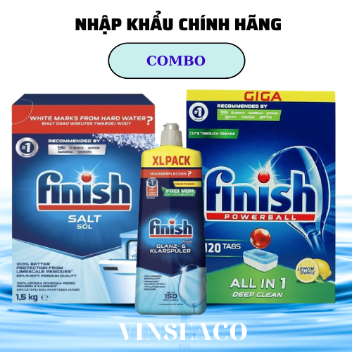 Combo muối rửa bát Finish 1,5kg+viên rửa bát Finish 120 viên+Nước làm bóng bát chén finish 800ml