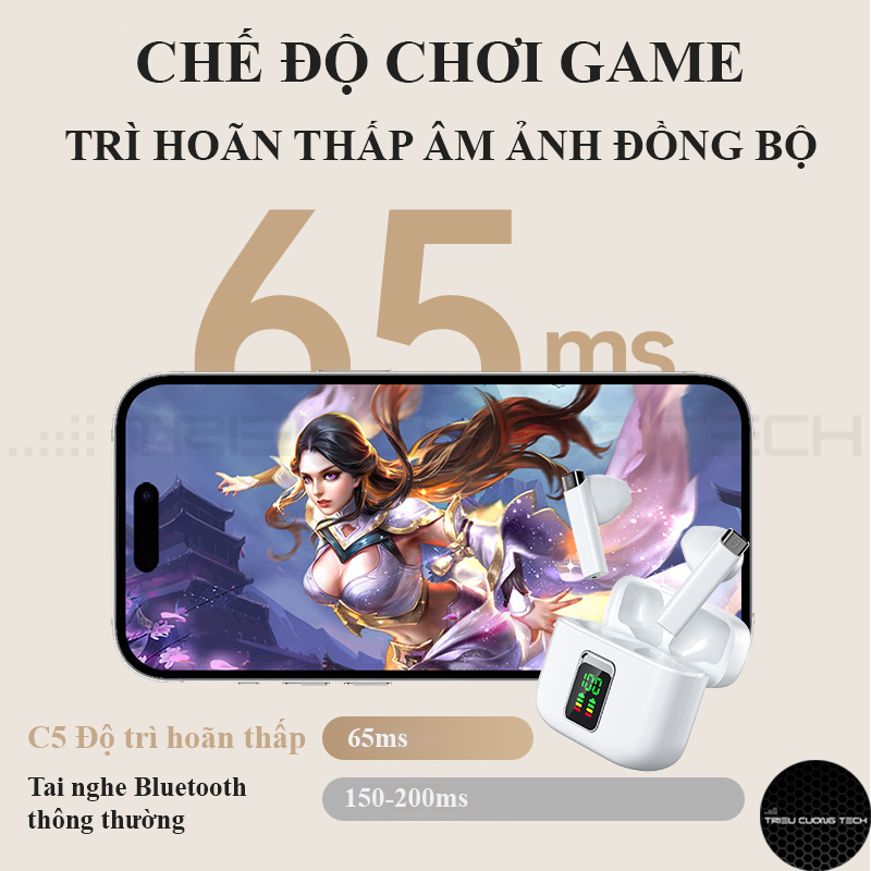 Tai Nghe Bluetooth V5.3 Không Dây C5 True Wireles - Đàm Thoại - Gaming - Dock Sạc 380mAh - Màn Hình LCD Hiển Thị % Pin -Hàng Chính Hãng