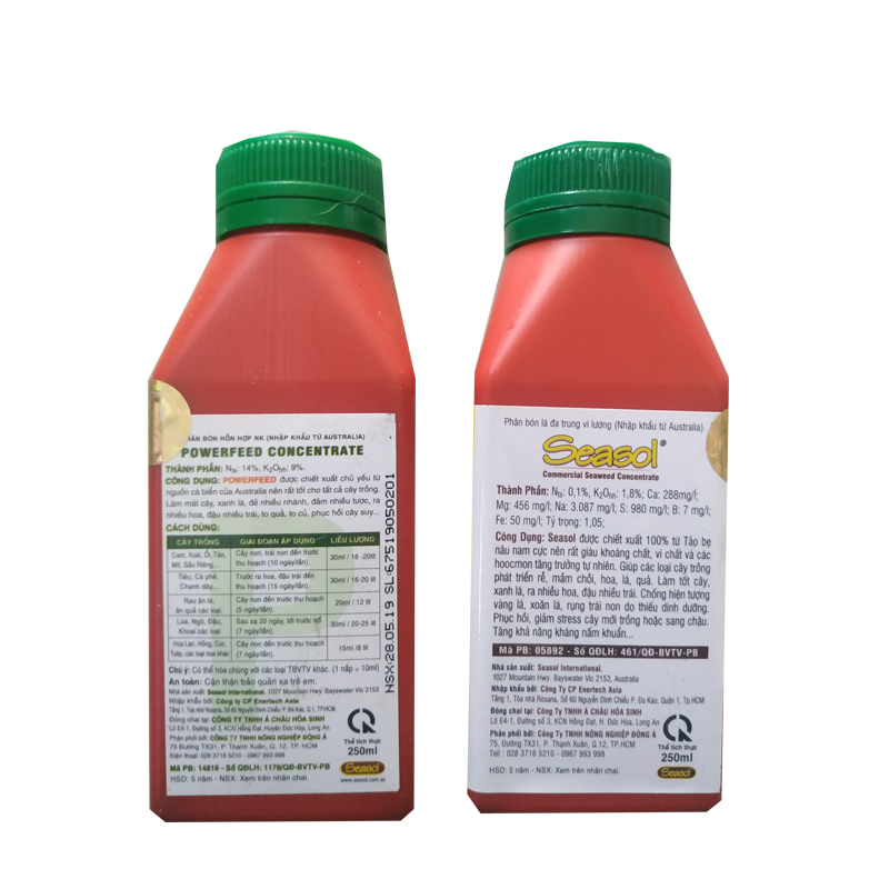 Cặp phân đạm cá cao cấp Power feed 14-1.4-9 + Seasol rong biển nhập khẩu Australia cải tạo đất có chứa các nguyên tố vi lượng, cá và chất mùn. Gia tăng màu sắc cho hoa, quả và lá.