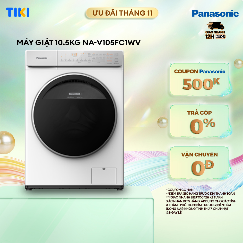 Máy Giặt Cửa Trước Panasonic 10,5 Kg NA-V105FC1WV - Sấy Diệt khuẩn 99% - Cảm Biến Thông Minh - Hàng Chính Hãng (Trắng)