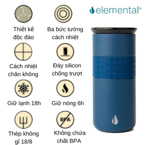Ly giữ nhiệt Artisan Elemental 480ml màu xanh navy, giữ nhiệt vượt trội, inox 304, FDA Hoa Kỳ, nắp sứ sang trọng