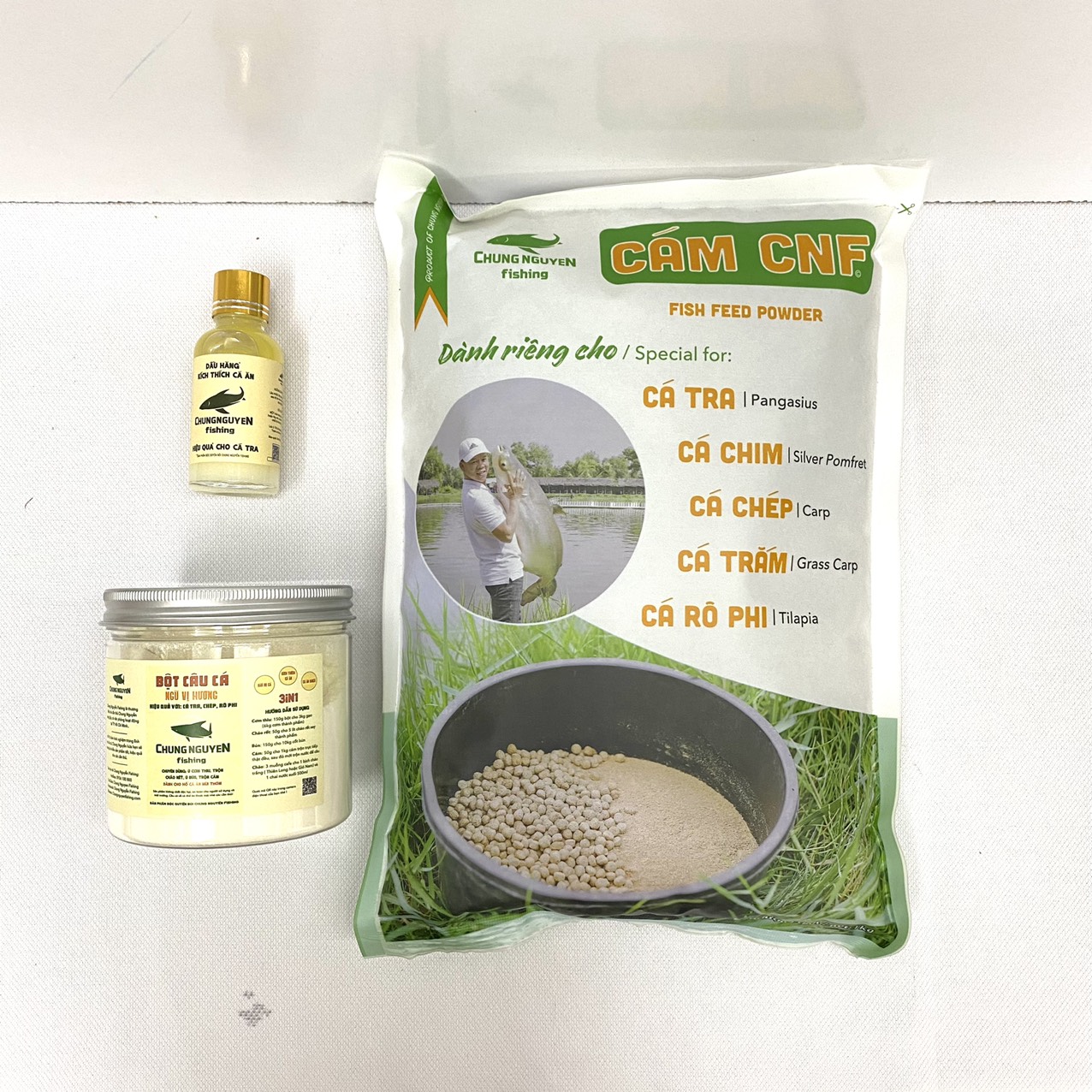 Combo 1kg Cám CNF, 1 Chai Dầu Hăng, 1 Hũ Bột Chung Nguyen Fishing Chuyên Dùng Câu Cá Tra, Chép, Rô Phi, Trắm, Trôi