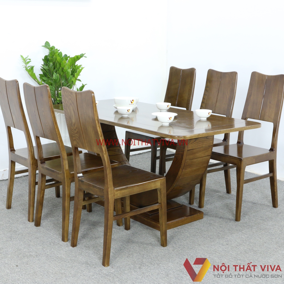 Bộ Bàn Ăn 6 Ghế Gỗ Sồi Nga Chân Bán Nguyệt Màu Óc Chó Đẹp Giá Rẻ
