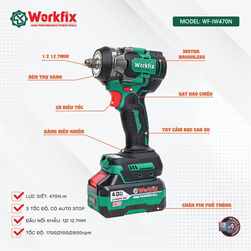 Máy Siết Bulong Workfix 470N.m - Đa Năng 2 In 1 - WF-IW470N - Motor Brushless - Chân Pin Phổ Thông 2 Pin 21V/4Ah - Bảo Hành Chính Hãg 6 thang