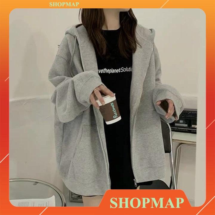 Áo khoác hoodie nỉ form rộng cho nữ áo hoodie zip trơn 1 màu xám sành điệu