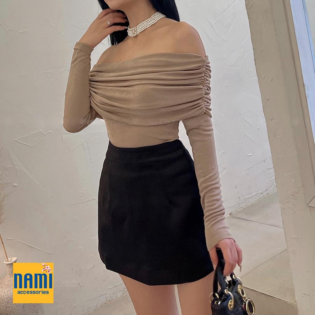 Áo thun dệt kim trễ vai tay dài nhúng cách điệu Nanami thích hợp đi tiệc phong cách sang trọng nổi bật - ATNU061