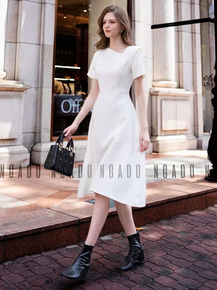 Đầm trắng cổ xéo NGADO , đầm dáng dài , đầm kiểu , đầm nữ , đầm dự tiệc