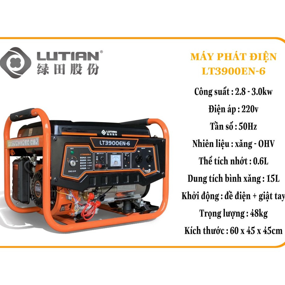 Máy Phát Điện Lutian LT3900N-6 Công Suất 3.0 Kw – Máy Phát Điện Chạy Xăng Khởi Động Đề Nổ Và Giật Tay – Hàng Chính Hãng