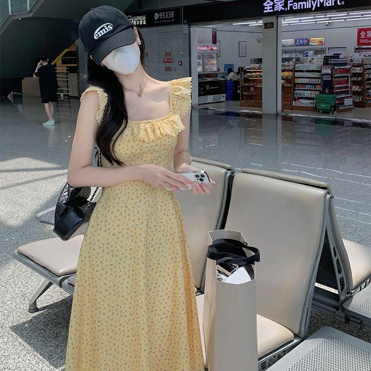 TOBE1SHOP Trà nghỉ kiểu Pháp cổ vuông tay áo nhỏ màu vàng hoa đầm nhỏ thắt lưng lộ vẻ gầy mùa hè váy dài đến mắt cá chân
