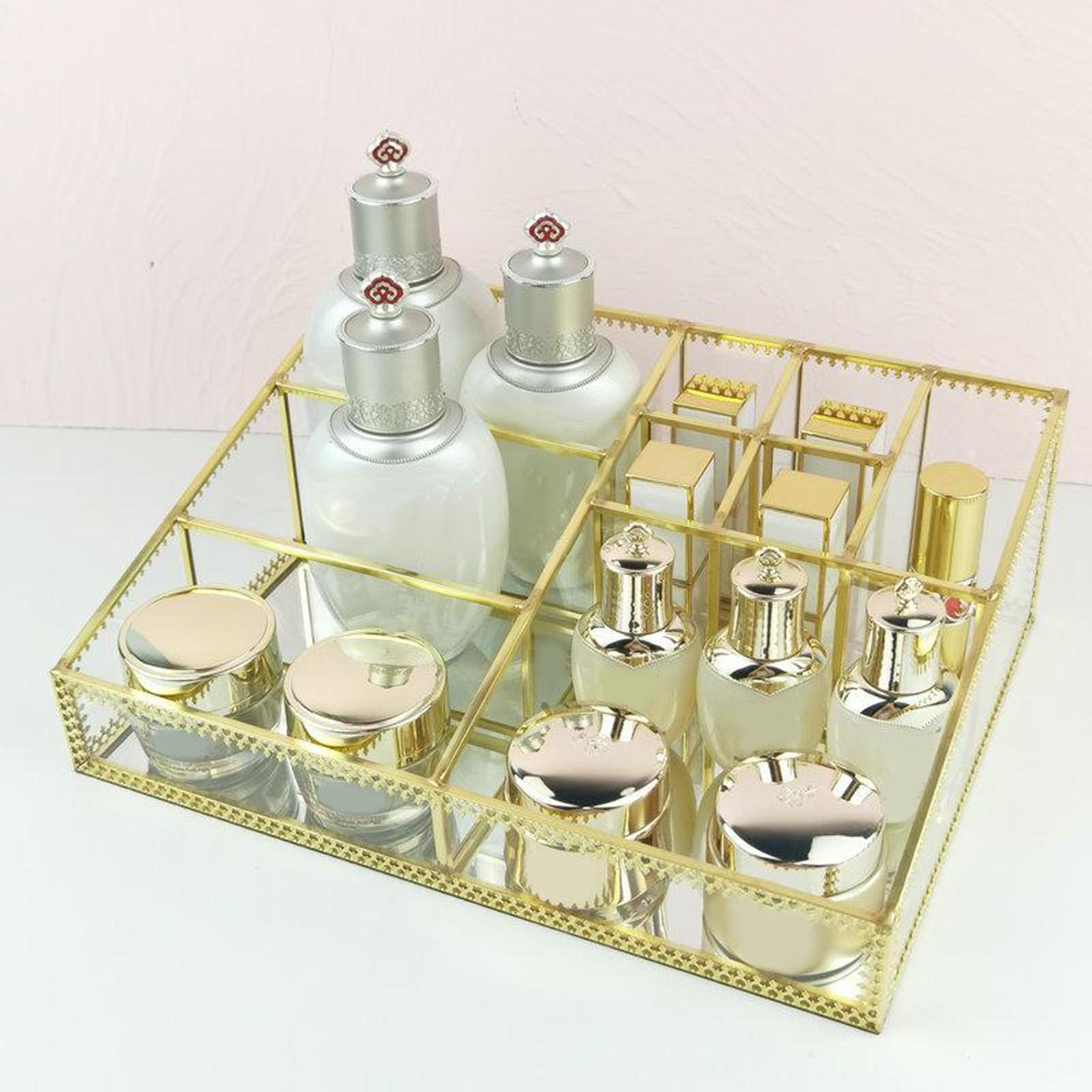 Luxury Glass Box Clear Glass Gold Tone Metal Jewelry Storage Case Cosmetic Makeup Lipstick Holder Organizer, 9 Compartments