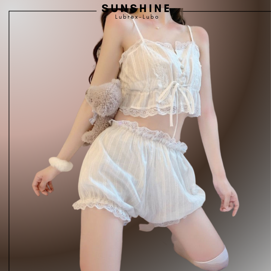 Bộ Đồ Ngủ- Mặc Nhà Quần Đùi Áo Croptop Hai Dây Ren Đũi Mỏng-SUNSHINE