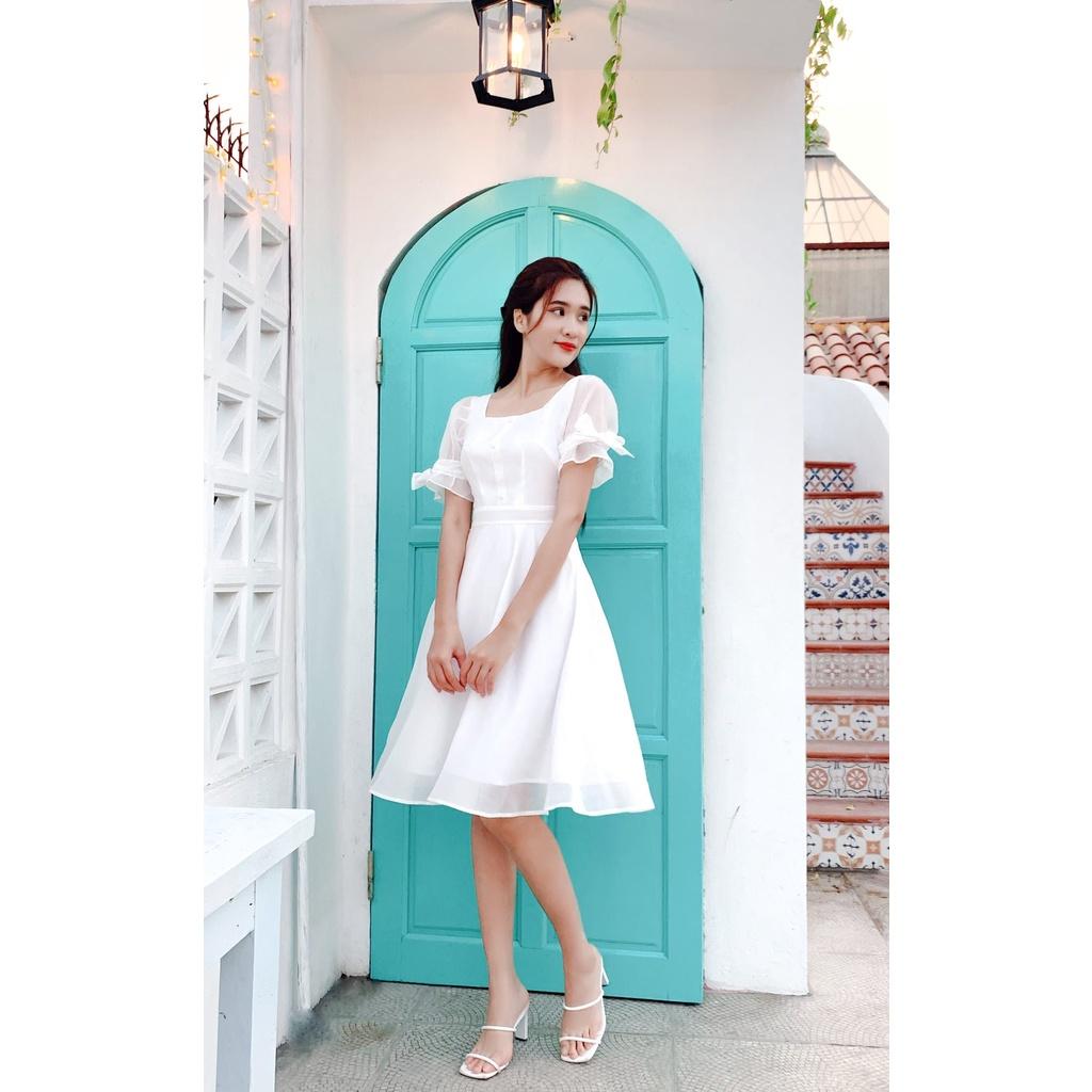 Đầm xòe trắng tay phồng dễ thương