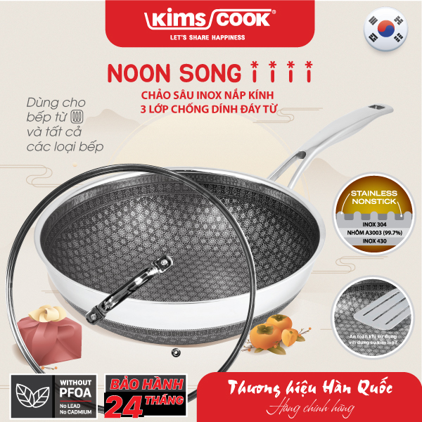 Chảo sâu KIMS COOK Noon Song inox 3 lớp đáy từ nắp kính chống dính 2 mặt