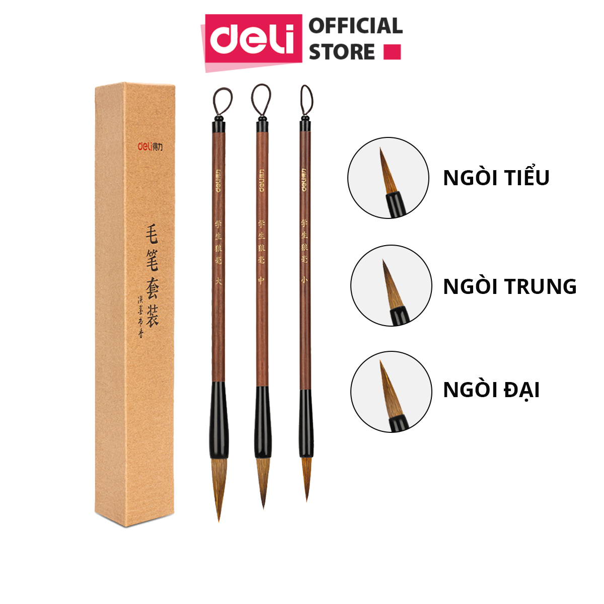 Combo 3 Bút Lông Sói Viết Thư Pháp Deli - Tiểu/Trung/Đại - Viết Chữ Hán, Vẽ Tranh Thủy Mặc Cho Người Mới, Chuyên Nghiệp