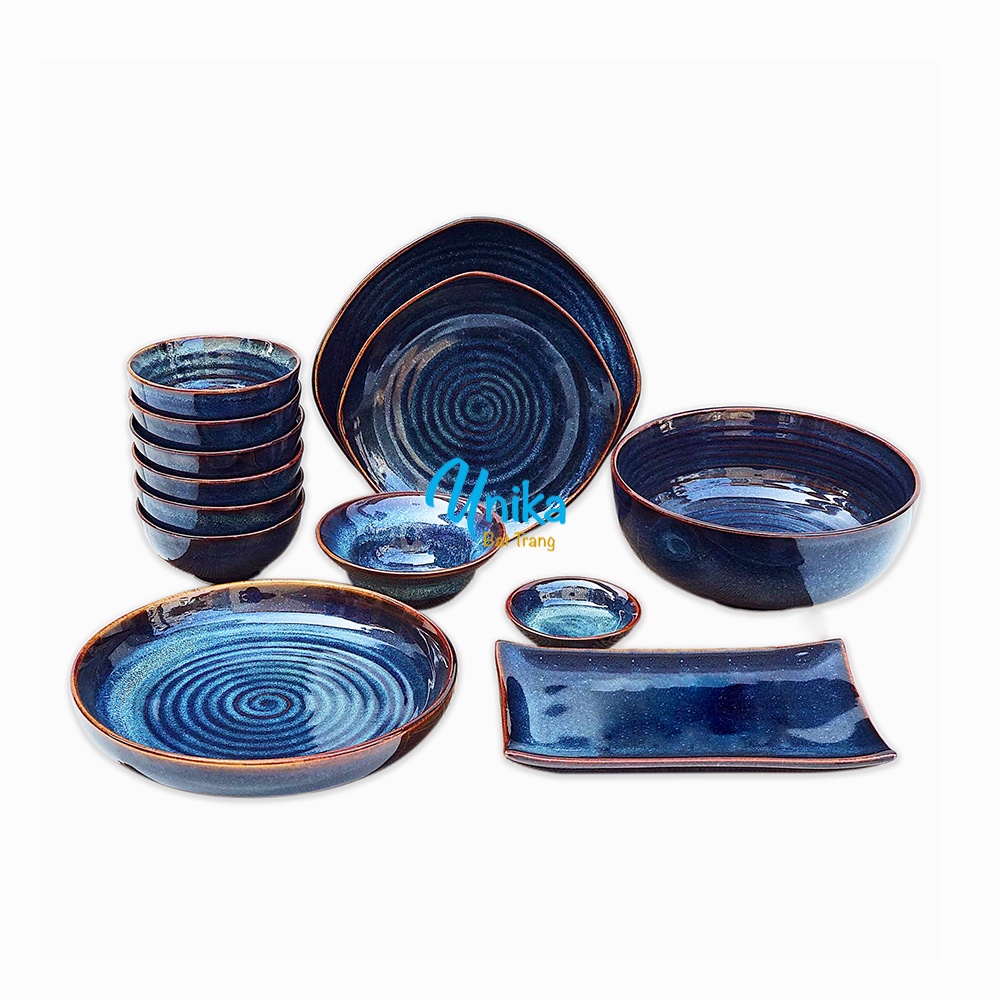 Bat Trang Ceramic Dinner Set - Bộ đồ ăn men xanh hoả biến BAX18 - Set chén bát gốm Unika Bát Tràng