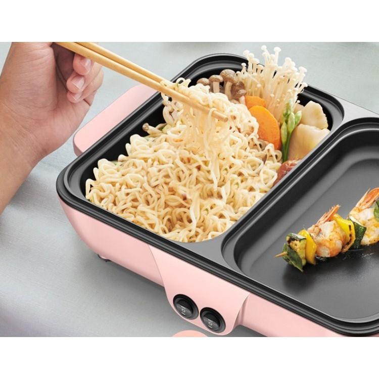 Bếp Điện Mini 2 Ngăn,Nồi Lẩu Nướng Đế Chống Dính | Công Dụng 5 Trong 1