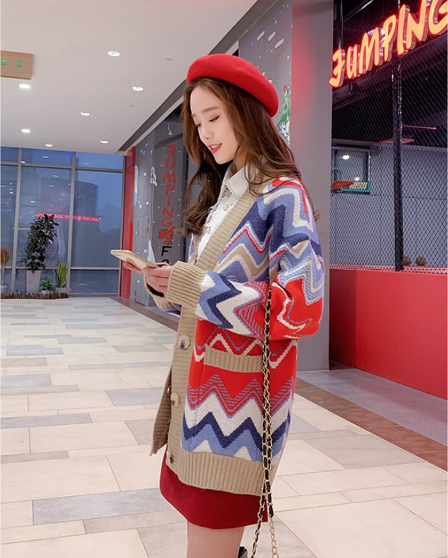 Áo khoác len cardigan gợn sóng màu phom dài rộng kiểu Hàn ulzzang - DL01199
