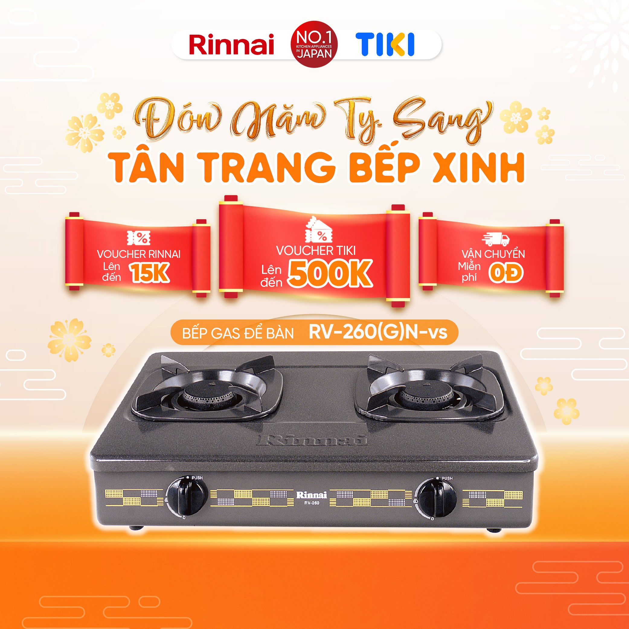 Bếp gas dương Rinnai RV-260(G)N mặt bếp men và kiềng bếp men - Hàng chính hãng.