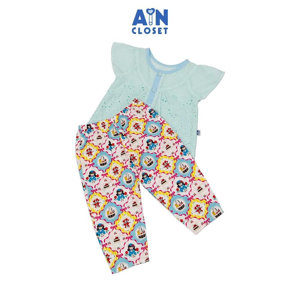 Bộ quần áo Dài tay ngắn bé gái họa tiết Búp Bê Xanh Cotton - AICDBG7LDKJS - AIN Closet